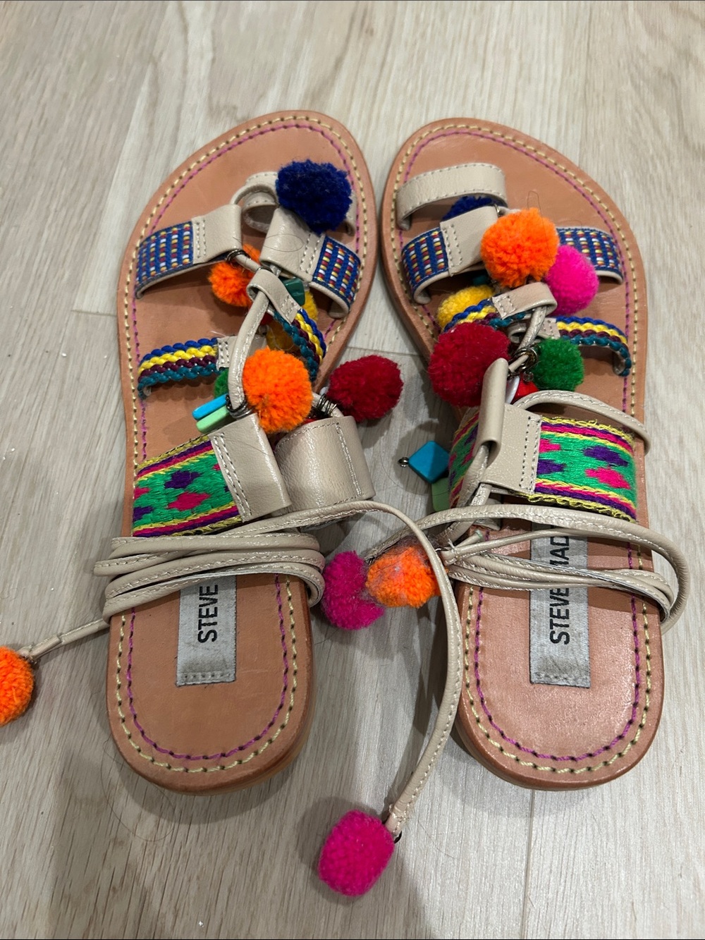 Steve Madden Beige Pom-Pom Embellished Gladiator Sandals - Picture 1 of 4